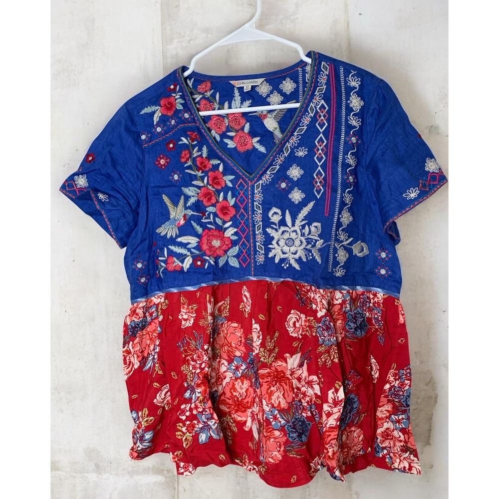 John Mark Floral Embroidered Linen Top Size M Boho Colorful Bird Mix Media